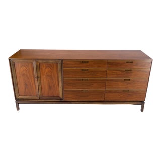 Mid Century Danish Modern Walnut 11 Drawers Dresser Credenza 2 Doors Compartment For Sale