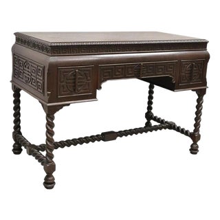 Antique Jacobean William and Mary Greek Key Carved Mahogany 3 Drawer Desk For Sale