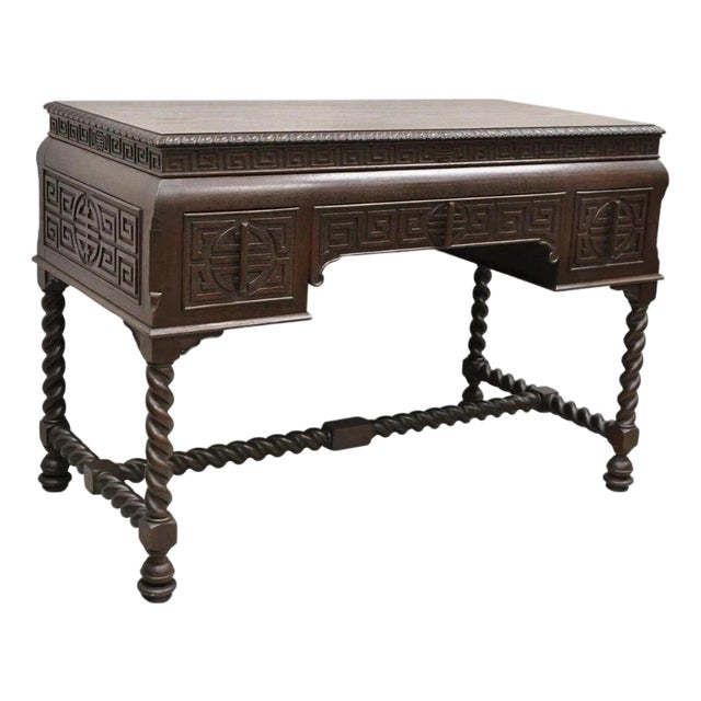 Antique Jacobean William and Mary Greek Key Carved Mahogany 3 Drawer Desk For Sale