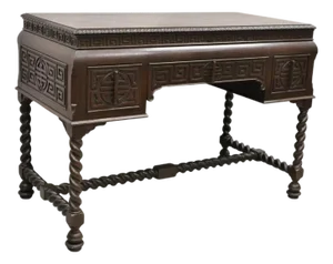 Antique Jacobean William and Mary Greek Key Carved Mahogany 3 Drawer Desk
