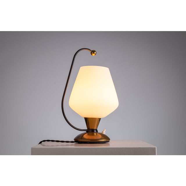 Brass Table Lamp with Curved Stem and Opaline Glass Shade For Sale - Image 14 of 14