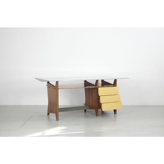 Modernist Italian Desk with Three Drawers, Book Storage and Light Blue Formica Table Plate, 1960s For Sale - Image 9 of 18