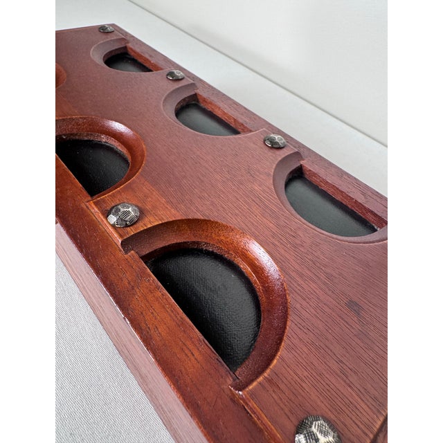 Brown 20thC. Mid Century Modern Japanese Black Leather, Brass Nails & Solid Cherry Wood Valet Lidded Box For Sale - Image 8 of 11