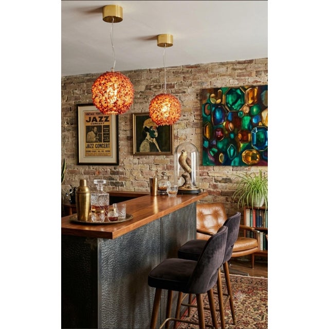 Mid-Century Modern Vintage Orange Glass Beaded Large Round Orb Globe Chandelier Pendent Light Fixtures- A Pair For Sale - Image 3 of 13