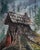 This artwork depicts a mystical scene featuring a weathered structure emerging from a gnarled tree stump, surrounded by a...