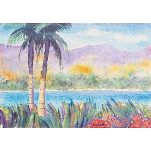 'Tropical Lagoon' by B. Metcalf, Impressionist Landscape With Palm Trees and Bougainvillea For Sale