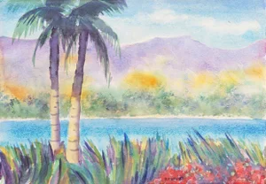 'Tropical Lagoon' by B. Metcalf, Impressionist Landscape With Palm Trees and Bougainvillea