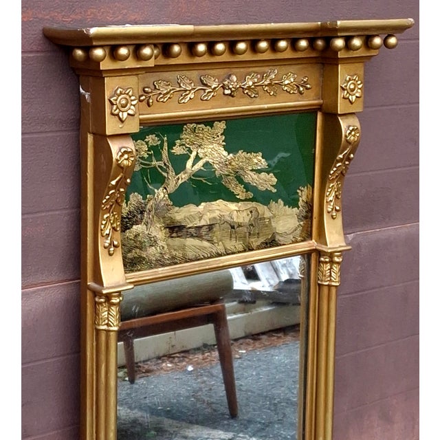 Late 19th Century American Federal Style Vertical Trumeau Wall Mirror W/ Eglomise Reverse Painting For Sale - Image 4 of 10