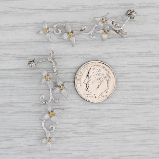 2020s Galatea 0.20ctw Yellow Sapphire Dangle Flower Earrings 14k White Gold Drop - 2 Pieces For Sale - Image 5 of 5