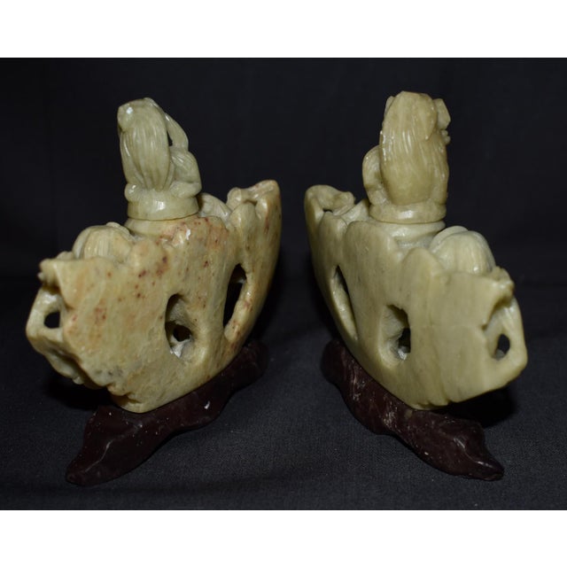 Chinese Hand Carved Soapstone Incense Burner Censer Koro Foo Dogs Lions Pair For Sale - Image 9 of 12
