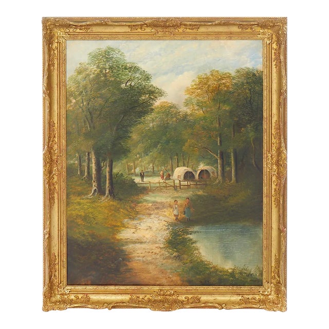 19th Century Continental School Lakeside Scene Oil Painting, Framed For Sale