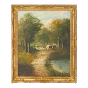 19th Century Continental School Lakeside Scene Oil Painting, Framed