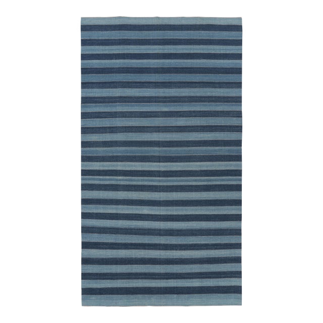 Vintage Dhurrie Rug, Gallery Runner in Navy and Sky Blue Stripes - Rug & Kilim For Sale