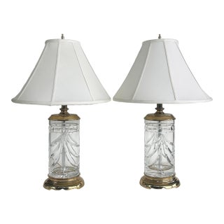 Waterford Cut Crystal "Overture" Lamps, Polished Brass, Shades, Pair For Sale
