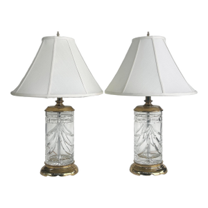 Waterford Cut Crystal "Overture" Lamps, Polished Brass, Shades, Pair