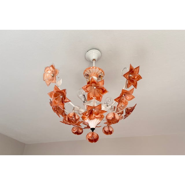 Vintage Italian Murano Style Amber Brown Floral Chandelier - Porcelain Body With Crystal Teardrops For Sale - Image 17 of 18
