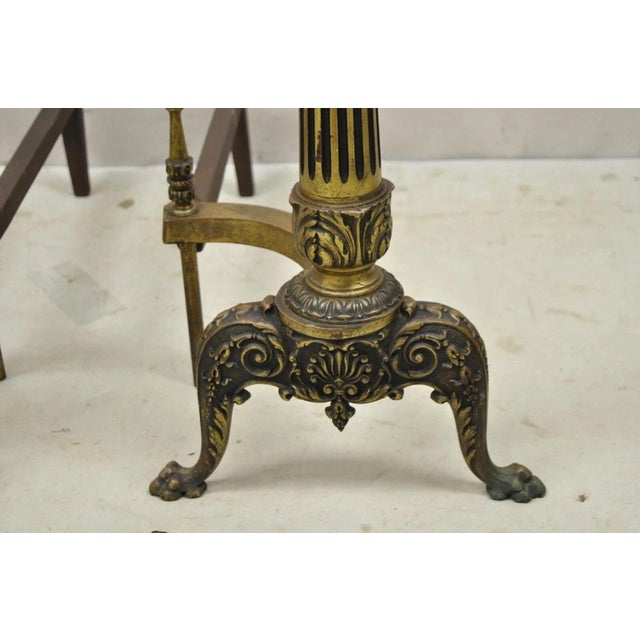 Early 20th Century Antique French Empire Style Bronze Column Flame Finial Fireplace Andirons - Pair For Sale - Image 5 of 11