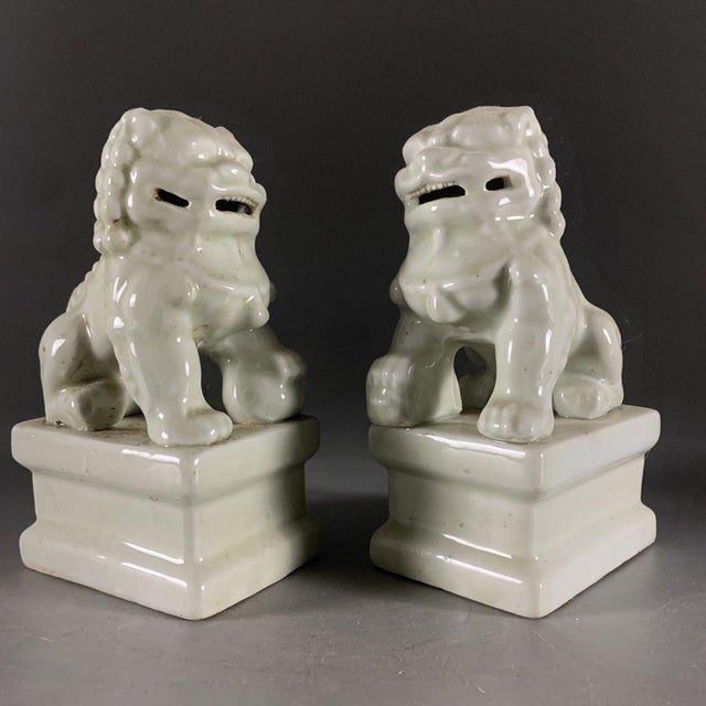 Mid 20th Century Vintage Pair of Chinese Celadon Glaze Ceramic Foo Dogs / Guardian Lions on Pedestals For Sale - Image 5 of 6