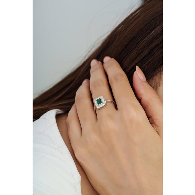 Emerald Octagon Cut Geometric Zambian Emerald Ring With Diamond Halo in Silver, Size 6 For Sale - Image 8 of 14