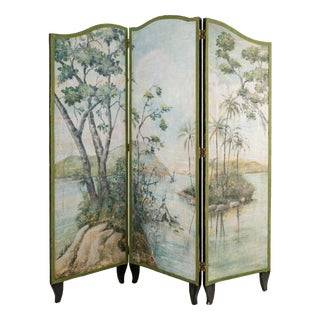 3-Panel Folding Screen with Tropical River Landscape, 1890s For Sale