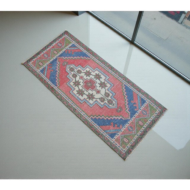Mid-Century Modern Hand Knotted Turkish Rug Colorful Small Rug Door Mat - 1′8″ × 3′7″ For Sale - Image 3 of 7