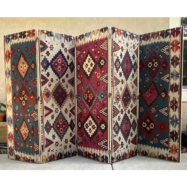breathtaking, one-of-a-kind custom 5-panel folding room divider, masterfully upholstered using genuine antique flat-weave...