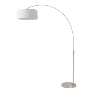1960s Float Mid Century Floor Lamps - Modern Arc Lamp, White Linen Drum Shade, Satin Nickel, Led Bulb Included For Sale