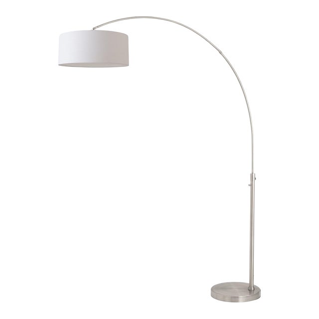 1960s Float Mid Century Floor Lamps - Modern Arc Lamp, White Linen Drum Shade, Satin Nickel, Led Bulb Included For Sale