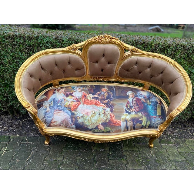 1970s French Louis XVI Gold Beech Brown Velvet Settee 1pc For Sale - Image 12 of 14