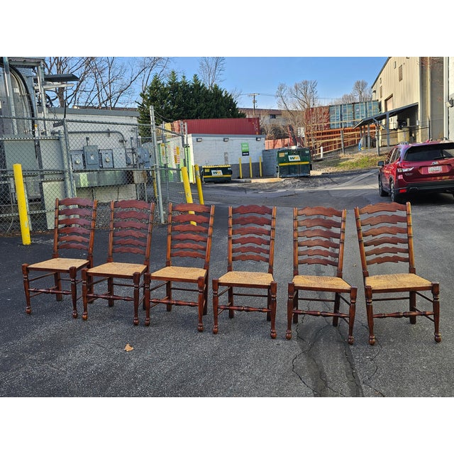 Late 20th Century Set of Six English Oak Faux Bamboo Mahogany Six-Splat Ladder Back Chairs With Rush Seats For Sale - Image 4 of 13