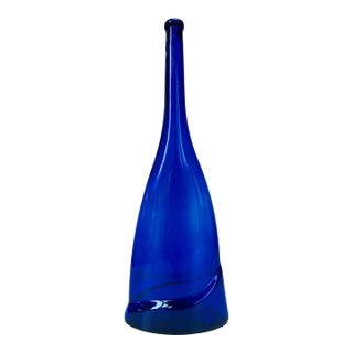 Vintage Cobalt Blue Flattened Glass Bottle Vase 19 Inch For Sale