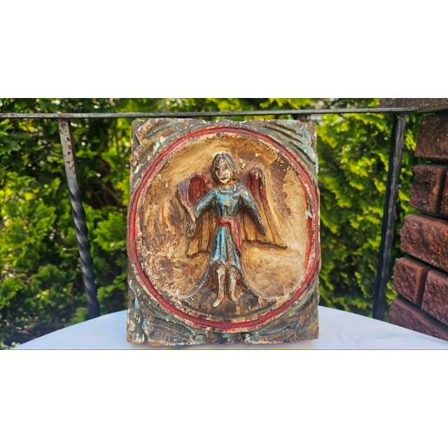 Art Deco wooden picture, carved bas-relief, Guardian Angel, dimensions: height 25.2 cm, width 21.5 cm, depth 7 cm.
