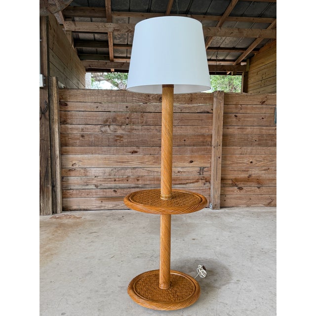 Mid-20th Century Coastal Twist Rattan Floor Lamp With Two-Tier Table and New Shade For Sale - Image 12 of 12