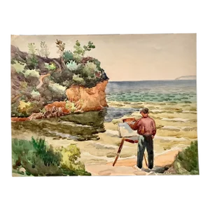 1940s California Plein Air Landscape with Painter Watercolor Painting