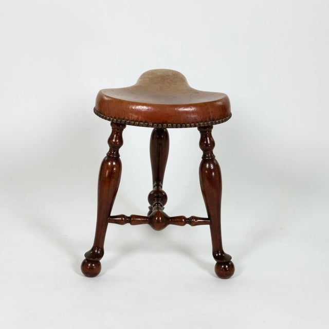 English Turned Mahogany Three-Legged Saddle-Seat Stool, Leather Seat With Nailhead Trim English Circa 1850 For Sale - Image 3 of 9