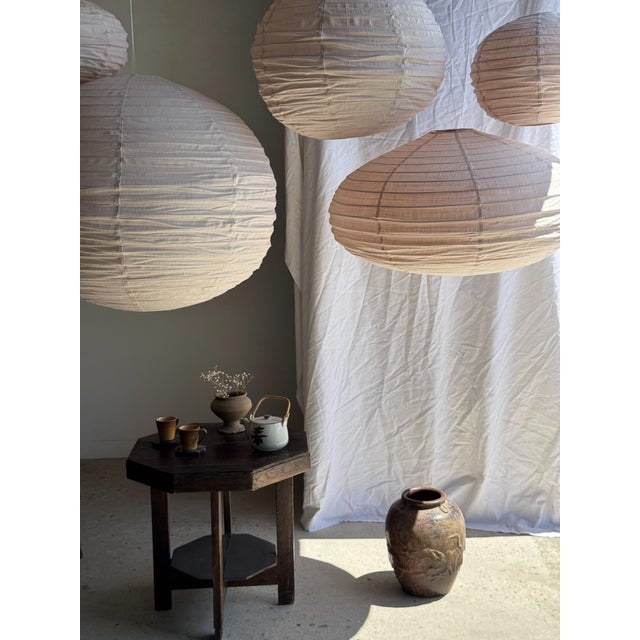 Japanese-Style Round Pink Rattan and Natural Linen Pendant Light For Sale - Image 14 of 18