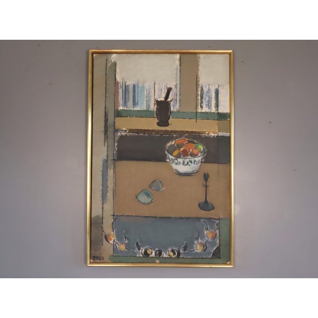 ARRANGEMENT BY THE WINDOW Size: 31.5 x 21.1 inches (including frame) Oil on canvas A refined mid-century interior still...