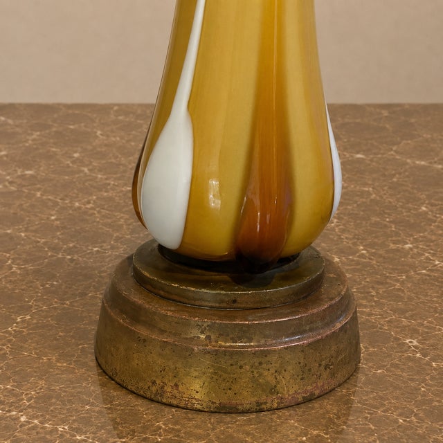 Vintage Mid-Century Murano Style Handblown Amber & White Art Glass Table Lamp With Brass Base For Sale - Image 12 of 13