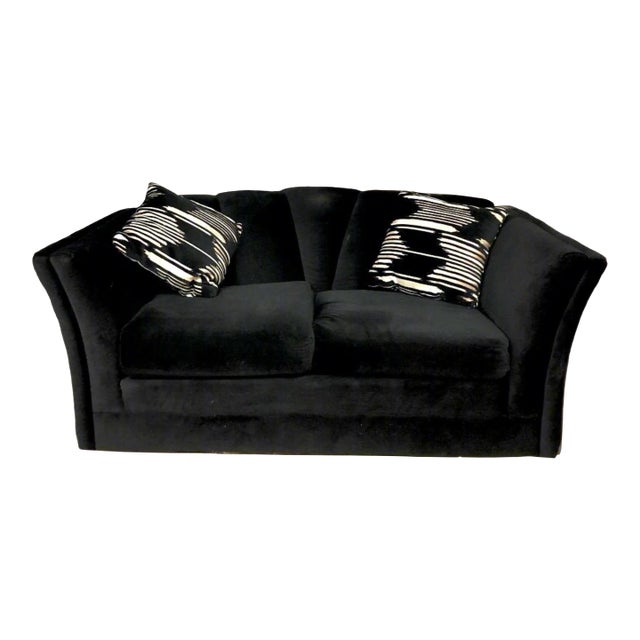 1970s Black Velour Loveseat With Clamshell Back For Sale
