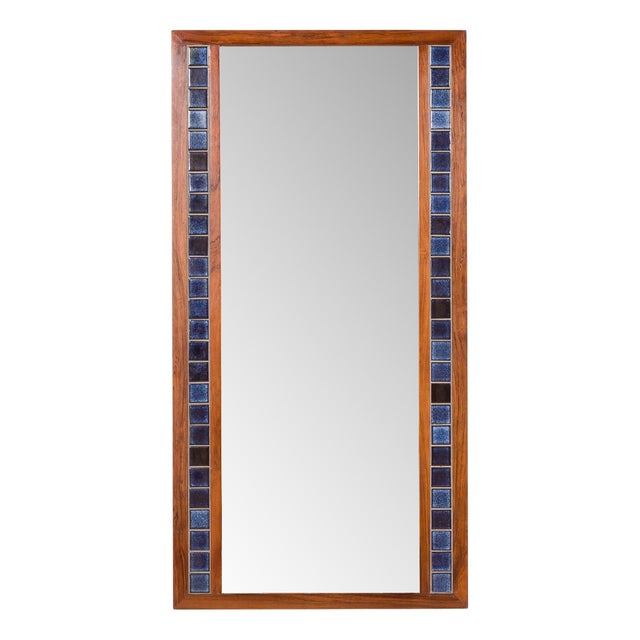 Mid-Century Modern Scandinavian Rosewood Wall Mirror with Blue Tiles, 1970s For Sale