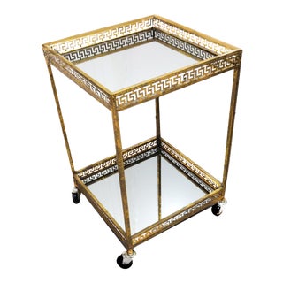 Hollywood Regency Greek Key Galleried 2 Tiered Mirrored Gilded Rolling Bar Cart For Sale