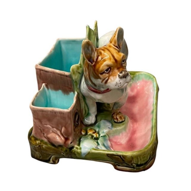 Vintage French Majolica Boxer / French Bulldog Figural Planter & Desk Catchall For Sale In West Palm - Image 6 of 12