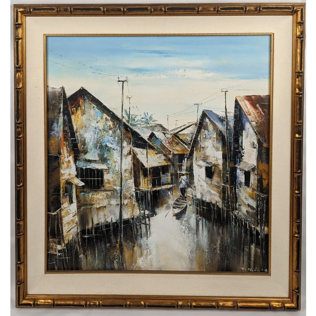 Mid 20th Century Attributed to Trần Quang Hiếu, Signed Vietnamese Stilt Village Oil Painting For Sale - Image 11 of 18