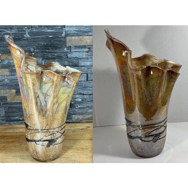 Iridescent Art Glass Gold Tan Handkerchief Vase For Sale - Image 9 of 12