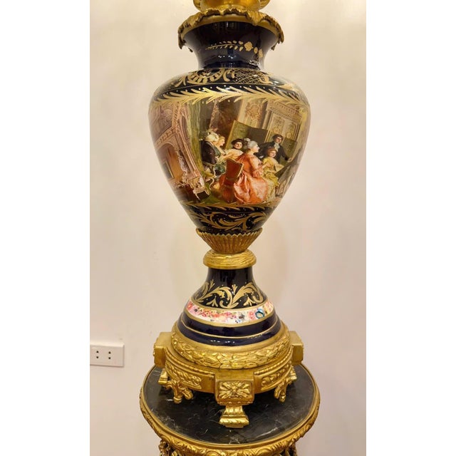 Rococo 1960s Majestic Pair of Antique Sevres-Style Porcelain & Ormolu Candelabra Lamps on Pedestals 19th Century For Sale - Image 3 of 8