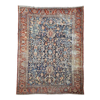 19th Century Heriz Serapi, Handwoven Allover Tree of Life Pattern, Navy & Brick Red, 9’ X 12’ For Sale