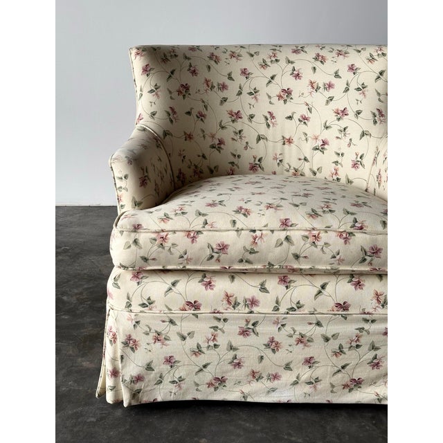 Wood Cream Floral Chintz Skirted Swivel Club Chair, 1980s For Sale - Image 7 of 10