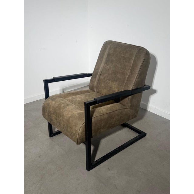 Industrial Lounge Chair with Taupe Upholstery & Black Metal Frame For Sale - Image 4 of 5