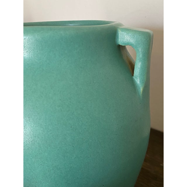 Vintage Pfaltzgraff art pottery vase with turquoise green matte glaze with double angular handles, shape #113, in the...