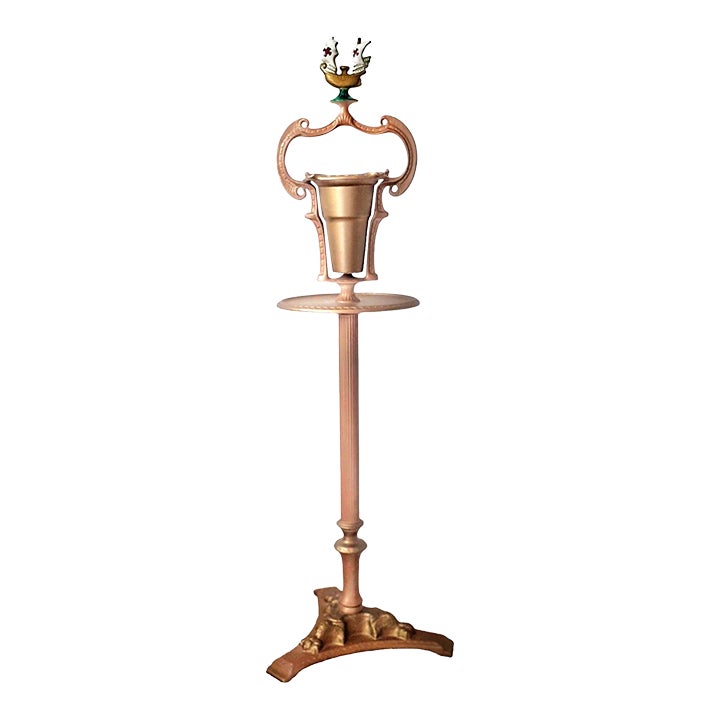 Whimsical Art Deco Painted Cast Iron Standing Ashtray With